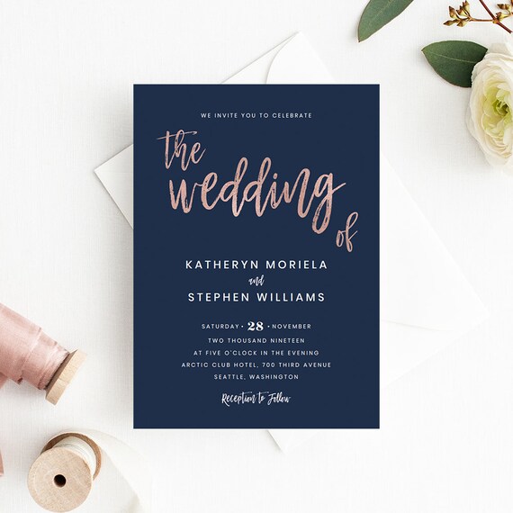 navy blue rose gold wedding invitation templates modern script wedding invitations printable wedding invitation template diy invitation wedding invite template
