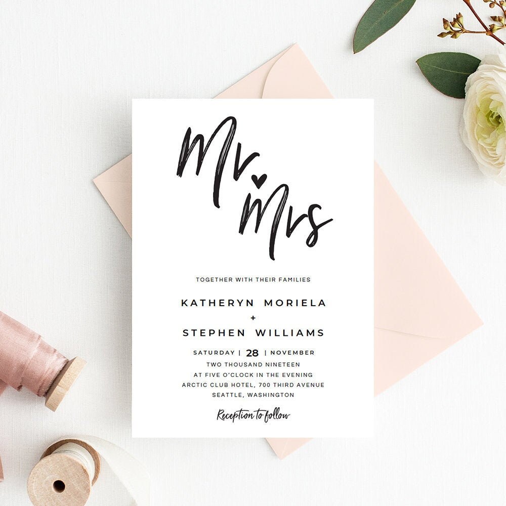 Modern Calligraphy Mr and Mrs Wedding Invitation Card Template  Printable  Country Wedding Invitation  DIY Mr u0026 Mrs Wedding Invites  JP004