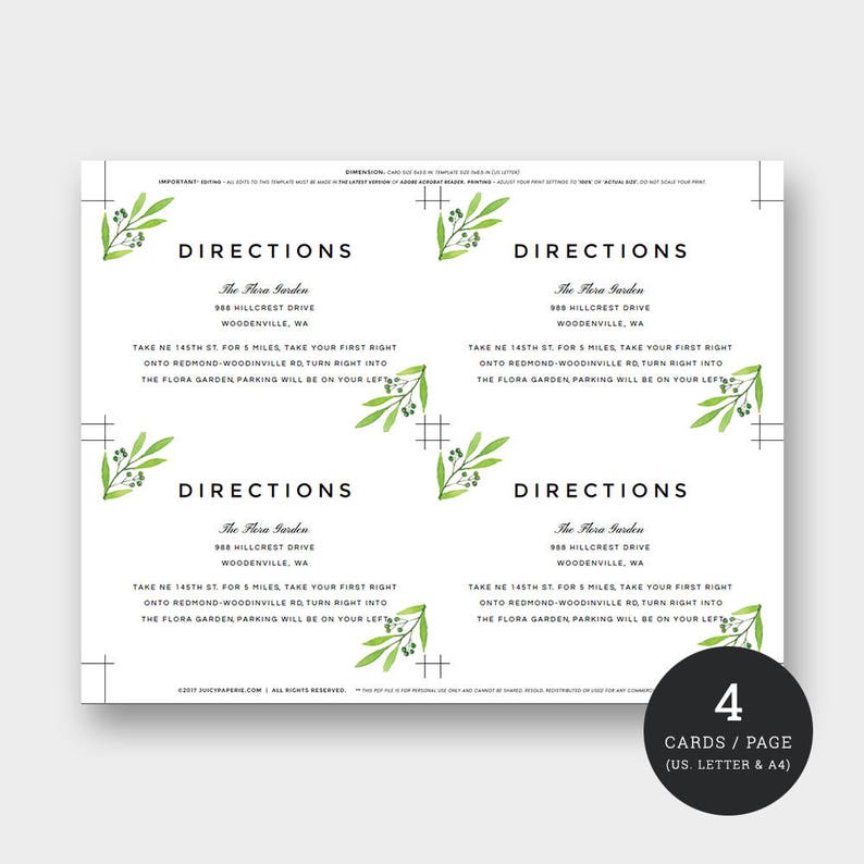 Printable Directions Card DIY Directions Card Printable Template 