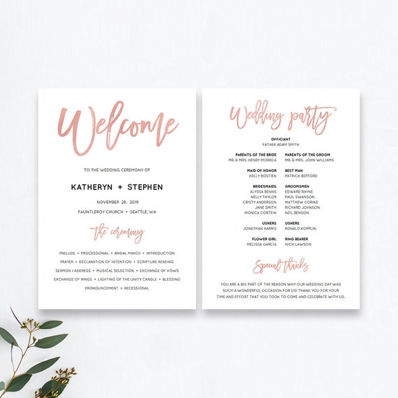 Rose Gold Wedding Programs Templates Printable Wedding Etsy