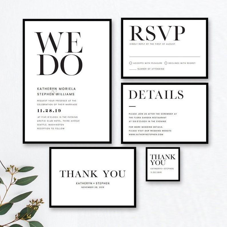 Minimalist Wedding Invitation Templates Modern Black White Etsy