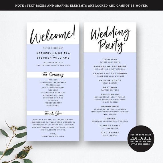 Wedding Ceremony Program Template \u2022 Editable 4x9 Calligraphy /& Watercolor \u2022 Floral Watercolor \u2022 Printable \u2022 Try before you buy \u2022 Templett