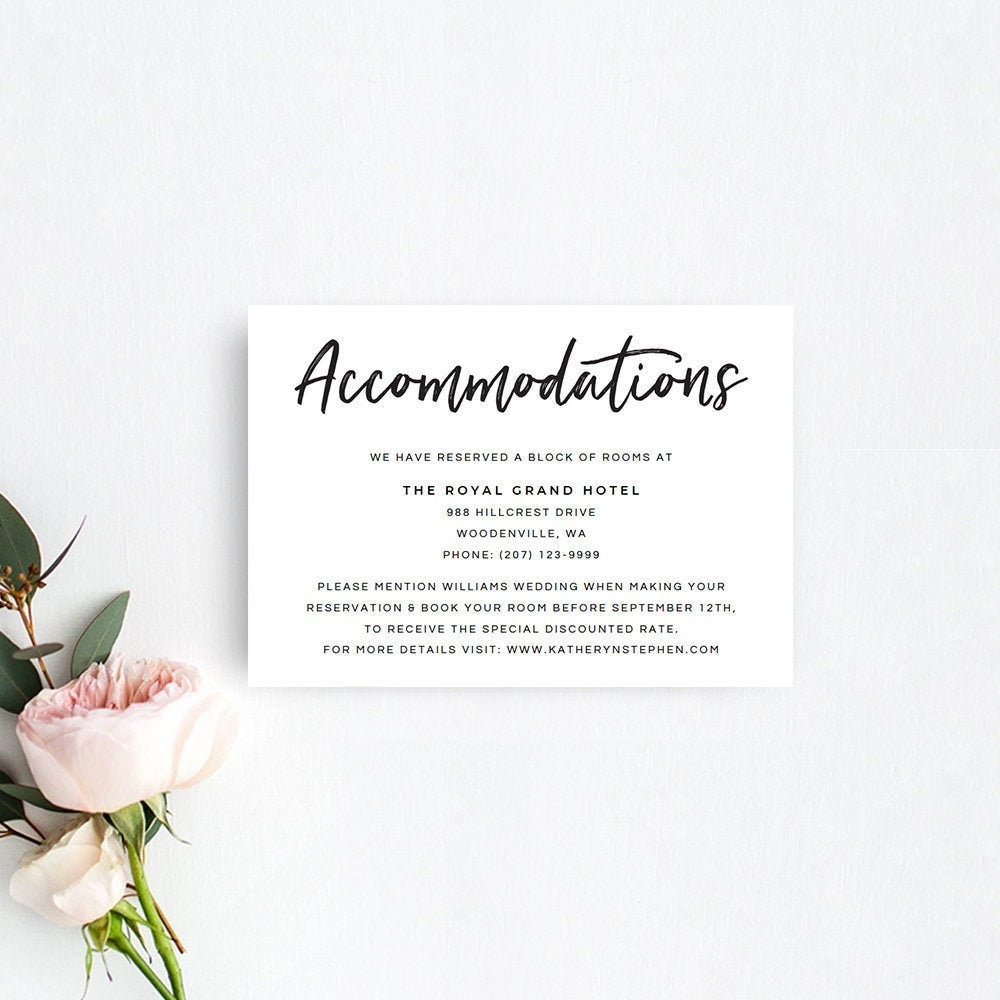 Modern Calligraphy Accommodation Card Templates  Summer Wedding  Accommodation Card Printable Template  Printable Accommodations  JP21 With Wedding Hotel Information Card Template