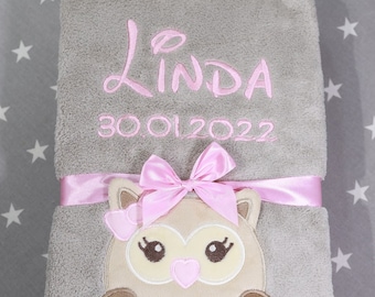 Baby blanket embroidered with name and date 76 x 102 cm - GRAY OWL - ( 802030 )