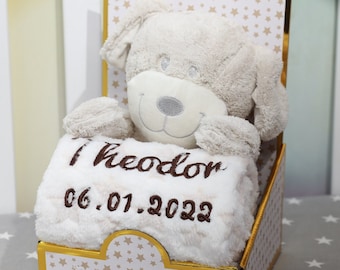 Cadeauset - babydeken met naam + BEIGE HOND STM-16 - gepersonaliseerd cadeau - geboorte - doop ( 111002 )