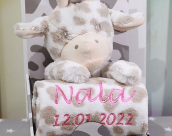 Geschenkset - Babydecke mit Namen + Giraffe 111007