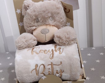 Geschenkset - Babydecke mit Namen + Beige Teddybär -  - Geschenk - Geburt - Taufe ( 111027 )