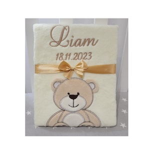 Baby blanket embroidered with name and date 76 x 102 cm - BEIGE-VANILLE TEDDY BEAR - 802001 - Gift Birth Baptism Baby Shower