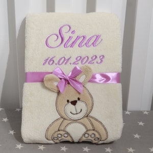 Baby blanket embroidered with name and date 76 x 102 cm - BEIGE WITH RABBIT - ( 802034 )