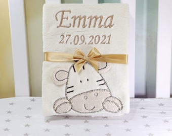 Baby blanket with name and date of birth - Gift - Birth - Baptism - Beige - Zebra ( 802033 )