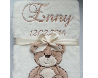 Baby blanket embroidered with name and date 76 x 102 cm - BEIGE 802001 - Gift Birth Baptism Baby Shower