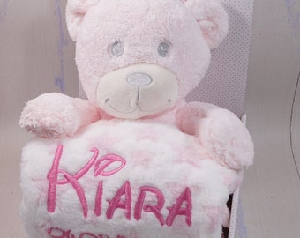 Geschenkset - Babydecke mit Namen + Teddybär- rosa  -  STM-13 - Geschenk - Geburt - Taufe ( 111016 )