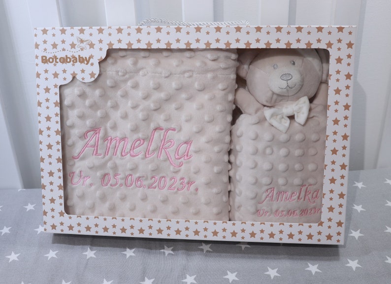 Zweilagige Babydecke mit Namen 75x100 cm Schmusetuch mit Namen 368978 Beige Teddybär Bild 6