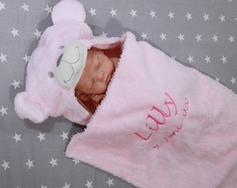 3D Babydecke mit Namen und Datum bestickt - 75 x 100 cm - Rosa mit Teddy - Geschenk Geburt Taufe ( 302021 )