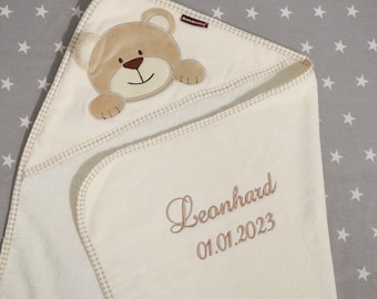 Kapuzentuch mit Namen  bestickt  76 x 76  cm BEIGE TEDDYBÄR -  Baumwolle - Geschenk - Geburt - Taufe - ( 760001  )