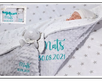 Zweilagige Babydecke mit Namen 75x100 cm + Schmusetuch mit Namen - 368975 - Grau Hase