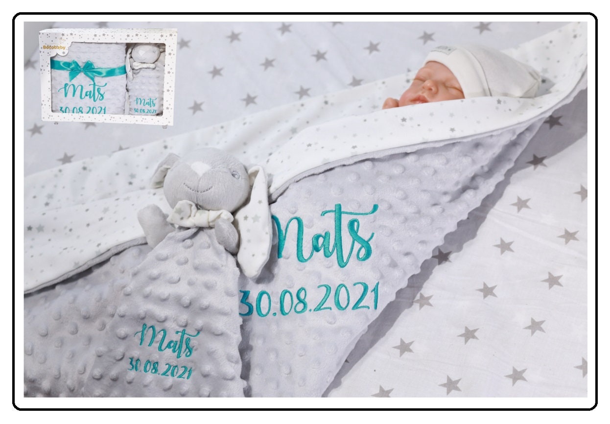 Two-layer baby blanket with name 75 x 100 cm + comforter with name - 368975 - Gray Rabbit
