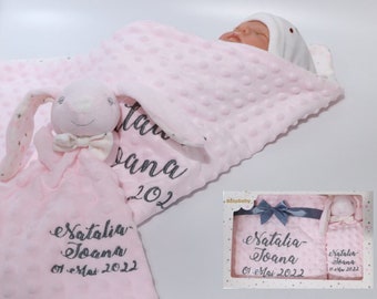 Zweilagige Babydecke mit Namen 75x100 cm + Schmusetuch mit Namen - Rosa Hase  - (  368976  )