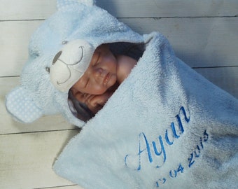 3D Babydecke mit Namen und Datum bestickt - Geschenk - Geburt - Taufe - Hellblau mit Teddybär ( 302023 )