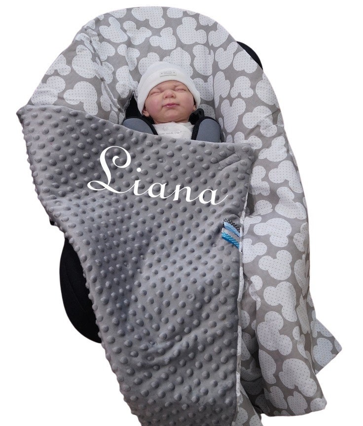 Two-layer blanket with name - WRAP BLANKET - 90 x 90 cm - baby blanket for baby seat - cotton (gray - mice) 800108