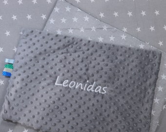 Two-layer baby blanket with name - cotton - gray - stars - 50 x 75 cm - DECKE - gift - birth - baptism - (889101)