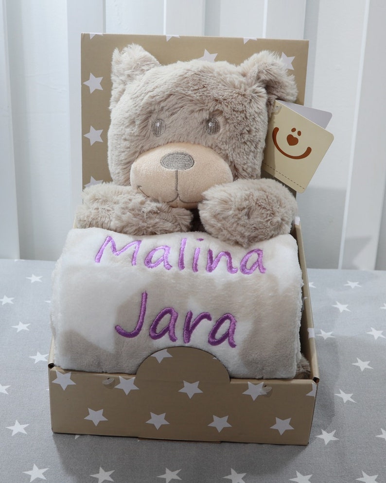 Gift set baby blanket with name beige teddy bear gift birth baptism 111027 image 5