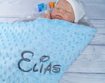 Two-layer baby blanket with name - cotton - light blue - stars - 75 x 100 cm - BLANKET - gift - birth - baptism - (900119)