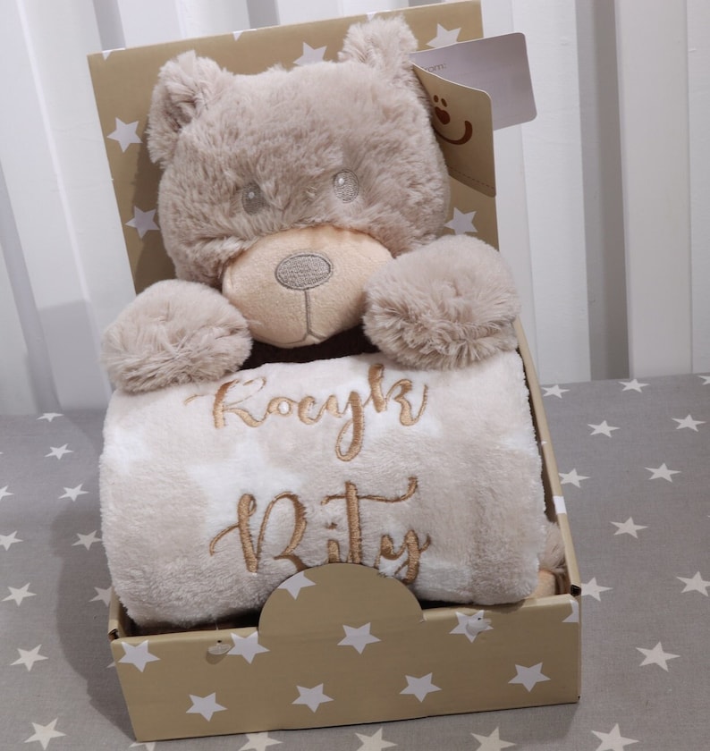 Geschenkset Babydecke mit Namen Beige Teddybär Geschenk Geburt Taufe 111027 Bild 1