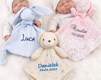Peluche personnalisée avec prénom, peluche brodée, cadeau de naissance et de baptême, ours en peluche, lapin, rose, bleu, gris, beige