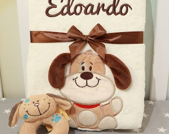 GIFT SET Baby blanket with name and date Embroidered + Toys + Gift Box