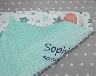 Two-layer baby blanket with name cotton * Mint - Mint Stars * With filling * 75 x 100 cm * ( 900132 )