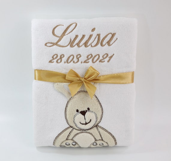 Baby blanket embroidered with name and date 76 x 102 cm white with  bunny gift for baptism, birth, birthday (802029)