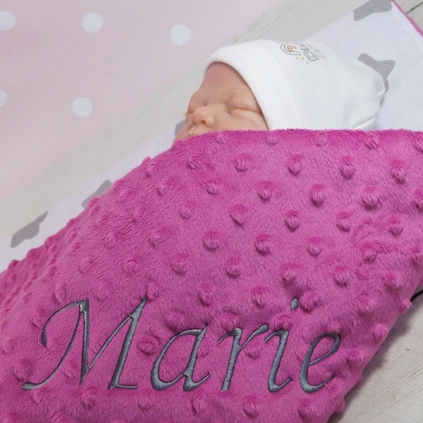 Two-layer baby blanket with name cotton * Pink - Stars * With filling * 75 x 100 cm * ( 900116 )