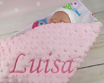 Two-layer baby blanket with name, cotton - cotton - 75 x 100 cm - light pink - owl (900103)