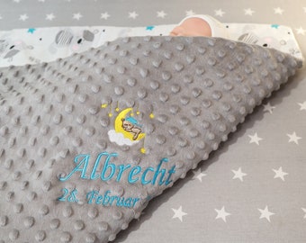 Zweilagige Babydecke mit Namen und Motiv - Baumwolle 75 x 100 cm - Geschenk - Geburt - Taufe -  personalisiert  GRAU - TEDDYBÄR - ( 900107 )