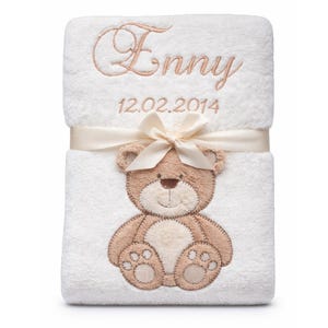 Personalisierte Babydecke mit Namen Geburtsdatum Gewicht Uhrzeit, beige Kuscheldecke mit Teddybär, Geschenk zur Geburt Taufe