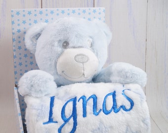 Geschenkset - Babydecke mit Namen + Teddybär- blau -  STM-13 - Geschenk - Geburt - Taufe ( 111015 )