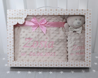 Zweilagige Babydecke mit Namen 75x100 cm + Schmusetuch mit Namen  ( 368978 )  - Beige Teddybär