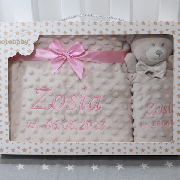 Zweilagige Babydecke mit Namen 75x100 cm + Schmusetuch mit Namen  ( 368978 )  - Beige Teddybär