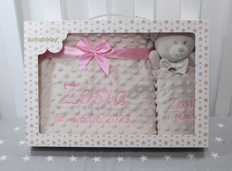 Zweilagige Babydecke mit Namen 75x100 cm Schmusetuch mit Namen 368978 Beige Teddybär Bild 1