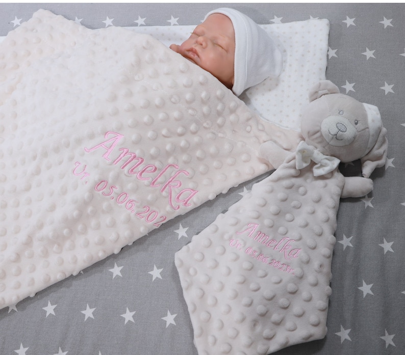 Zweilagige Babydecke mit Namen 75x100 cm Schmusetuch mit Namen 368978 Beige Teddybär Bild 5