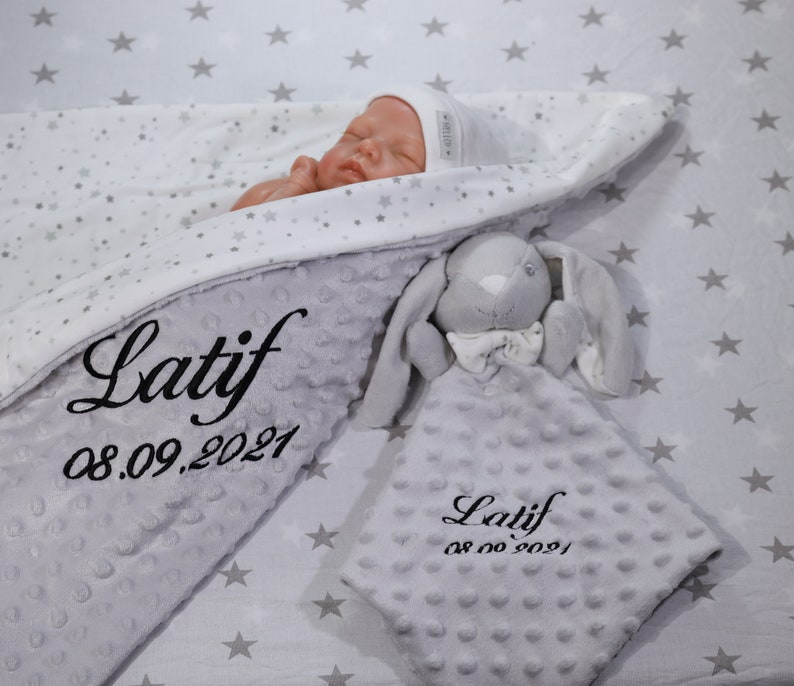 Zweilagige Babydecke mit Namen 75x100 cm Schmusetuch mit Namen 368975 Grau Hase Bild 8