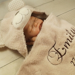 3D baby blanket embroidered with name and date 75 x 100 cm beige with teddy 302022 gift birth baptism image 1