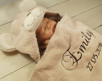 3D babydeken geborduurd met naam en datum - 75 x 100 cm - beige met teddy - 302022 cadeau geboorte doop