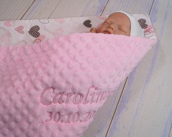 Two-layer baby blanket with name cotton 75 x 100 cm - light pink - hearts 900117