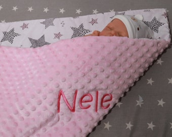 Couverture bébé double épaisseur avec prénom coton 75 x 100 cm * REMPLISSAGE * rose clair - étoiles rose clair * (900134)