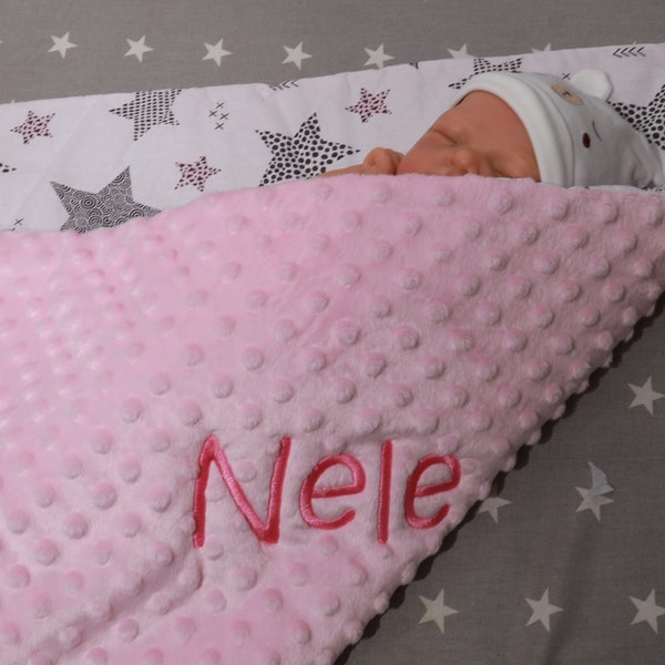 Zweilagige Babydecke mit Namen Baumwolle 75x100 cm * FÜLLUNG * Hellrosa - Hellrosa Sternen    *   ( 900134 )