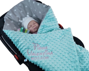 Two-layer blanket with name - IMPACT BLANKET - 90 x 90 cm - Baby blanket for infant car seat - Cotton (mint - stars) 800101