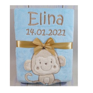 Babydecke mit Namen und Datum bestickt Blau Affe 76x102 cm Geburt Geschenk Taufe 802015 Bild 4