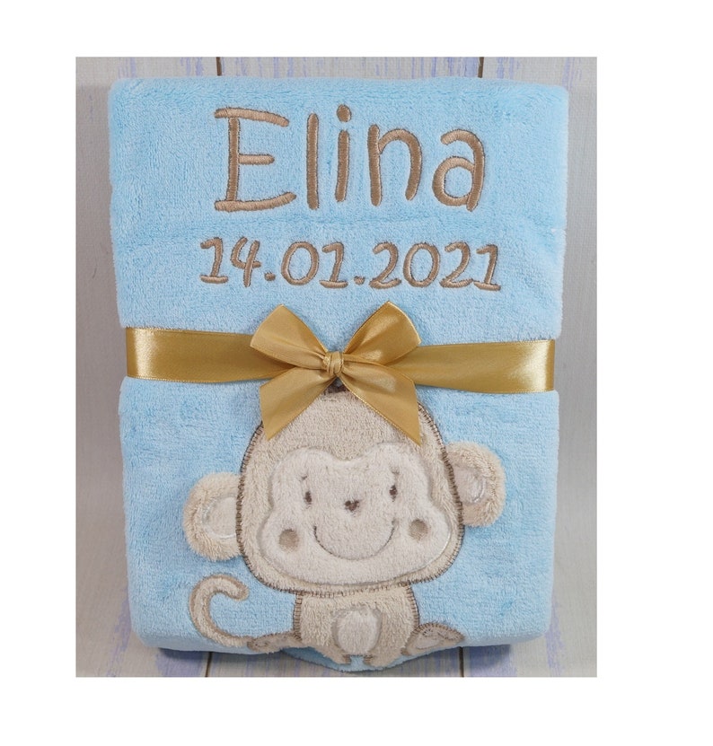 Babydecke mit Namen und Datum bestickt Blau Affe 76x102 cm Geburt Geschenk Taufe 802015 Bild 4